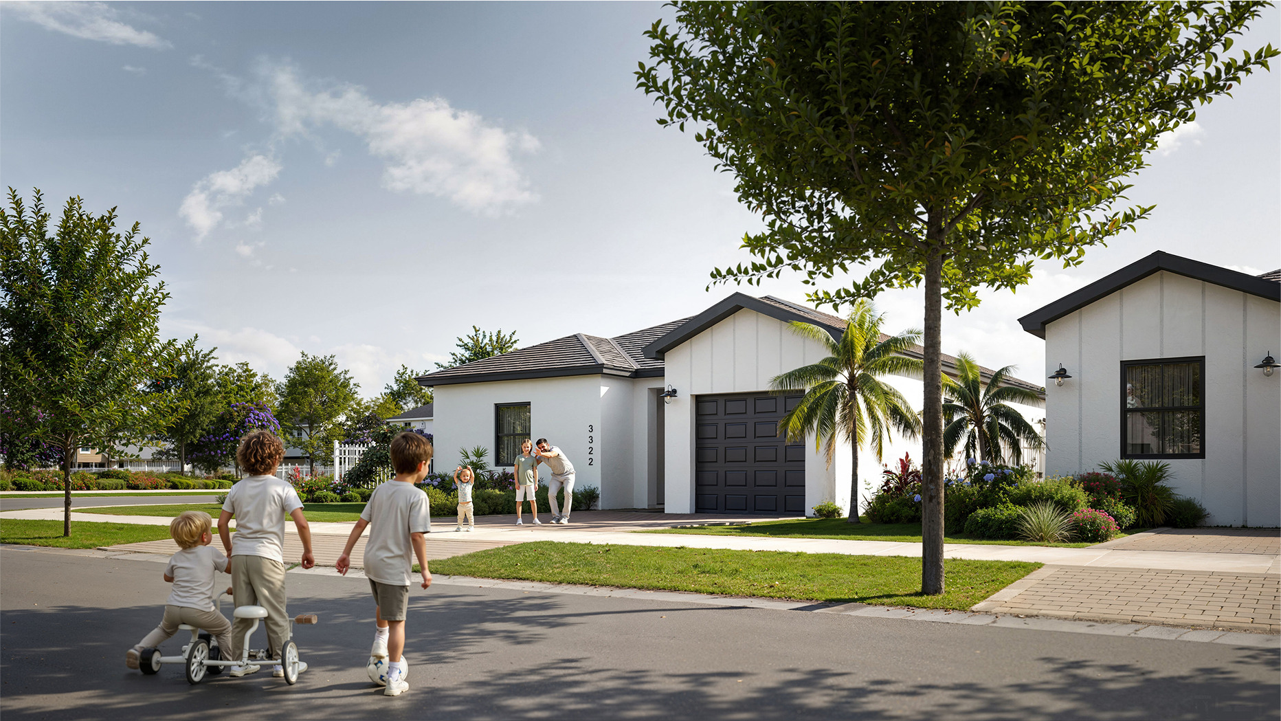 Happy family arriving home to their new Bluenest house.
