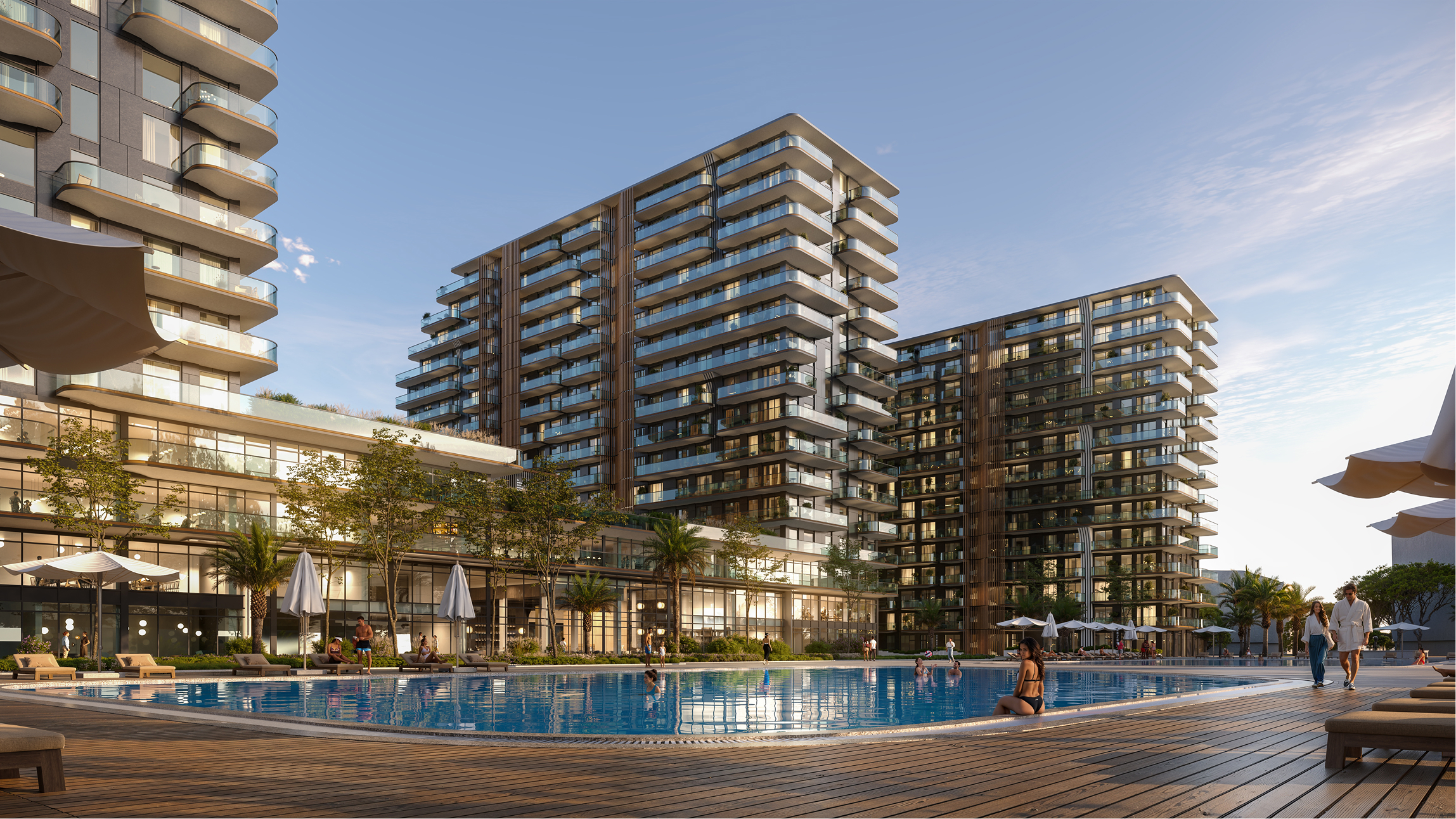 Luxury Park Lane apartments with resort-style pool and residents enjoying the amenities.
